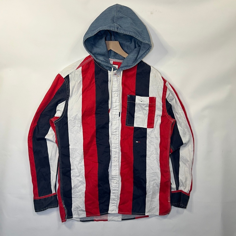 Tommy Hilfiger Denim Mens XS Oversized Stripe Hoodie Button Shirt Red White Blue